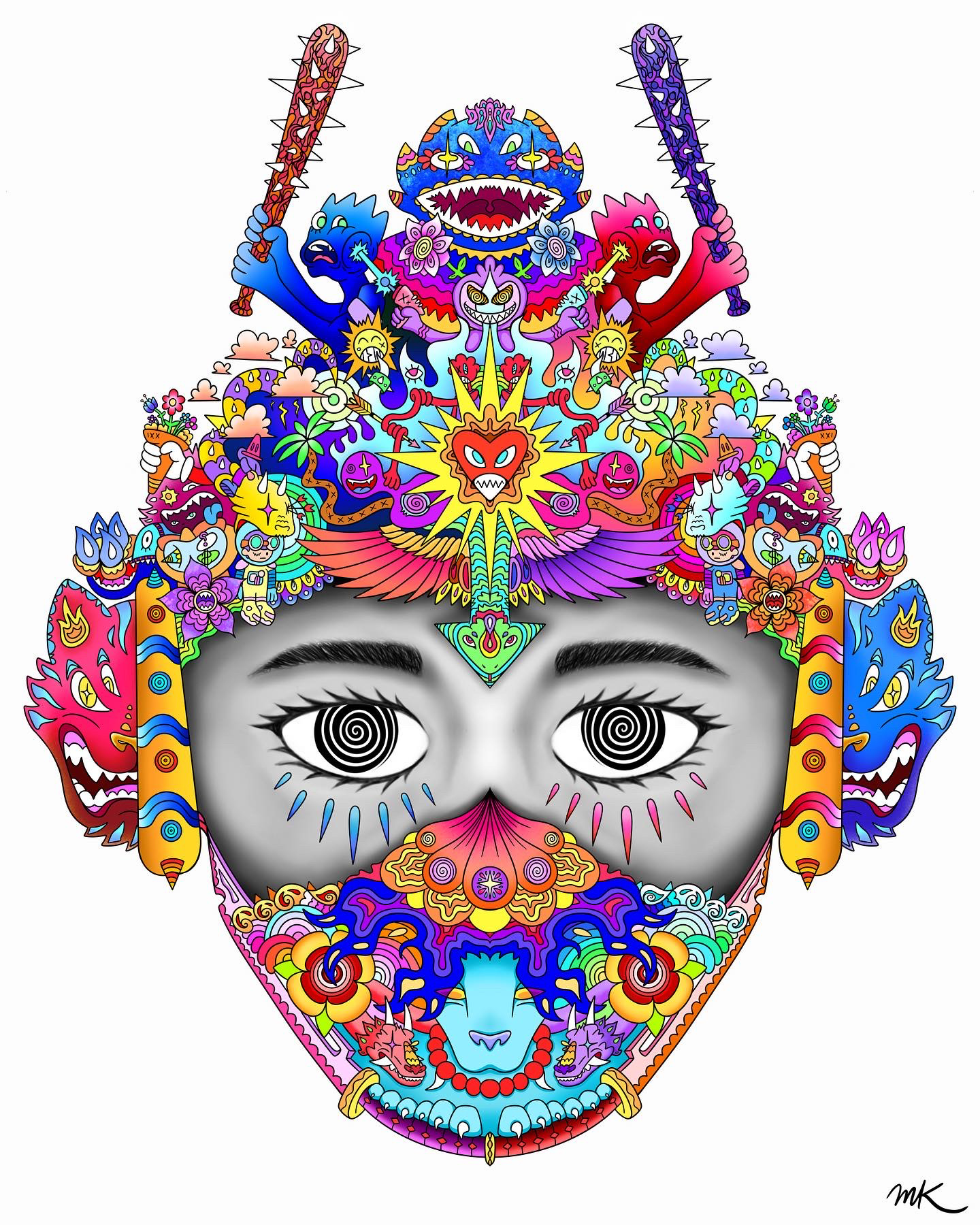 A colorful illustration of a person's face with various abstractions.